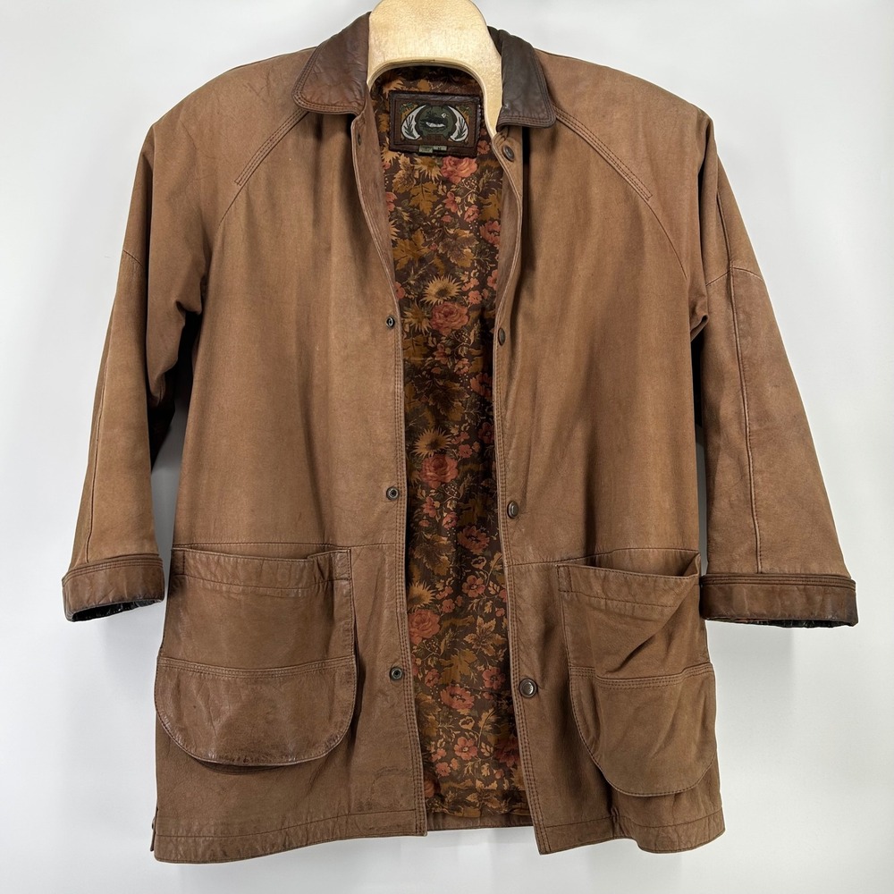 G-III Leather Barn Coat Jacket Mens M Brown Floral Lining Vintage Field Jacket